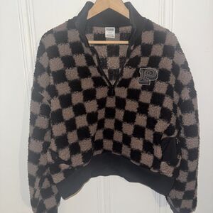 Victoria's Secret PINK Cozy Fleece Half Zip Pullover Checkered Size Medium